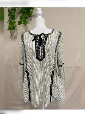 Style & Co. Black & White Striped Boho Tassel Tunic